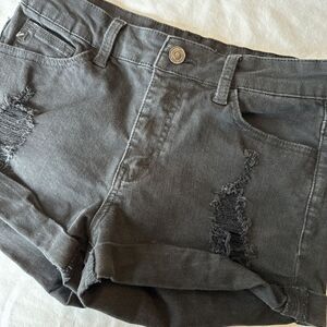 KanCan Denim Jean Shorts Women's 5/26 Black Stretch Distressed Cuffed Hem‎ D19